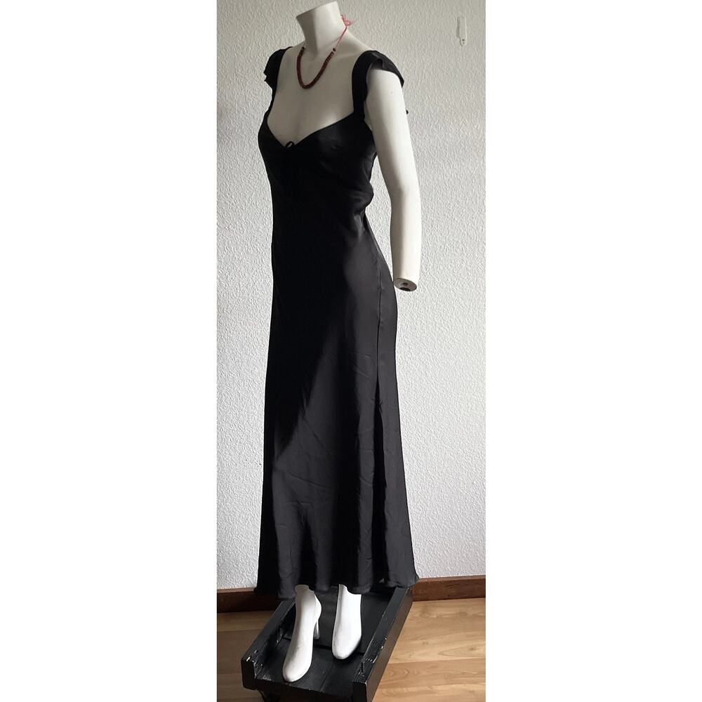 Meshki Women’s Black Satin Slip Dress Plunge Neck Flutter Cap Sleeve Medium